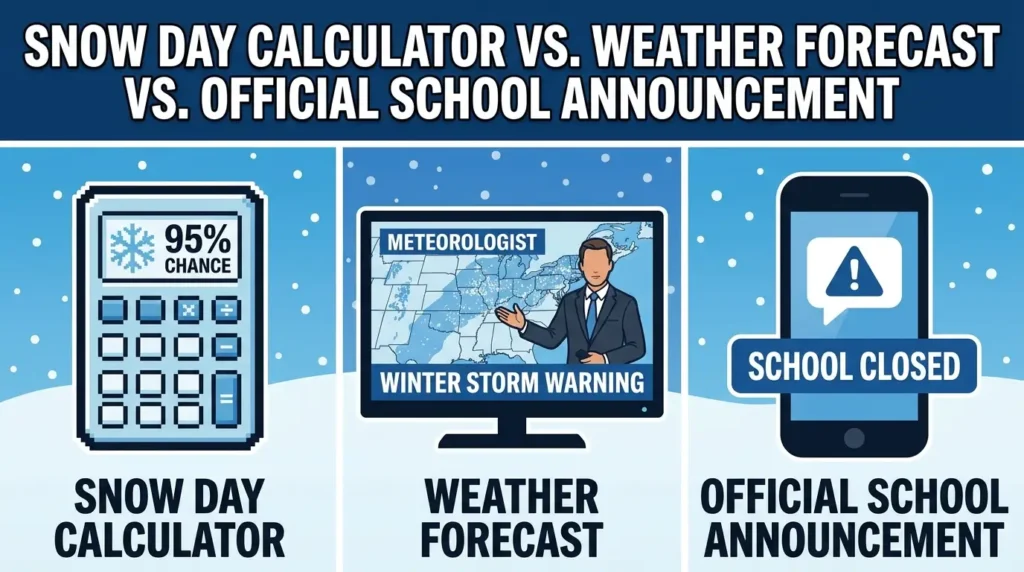 Snow Day Calculator vs. Weather Forecast vs. Official School Announcement